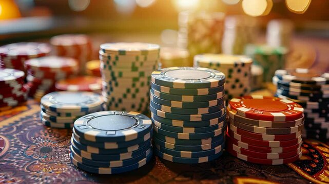 Vibrant poker chips stacking on a casino table during a game