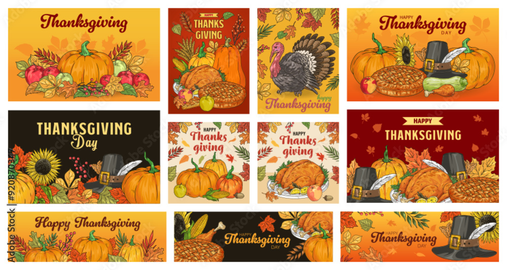 Poster Celebration Thanksgiving set flyers colorful