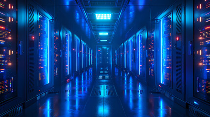 Fototapeta premium Vector cartoon corridor in a spaceship,Data Center With Illuminated Server Racks