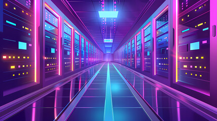 Vector cartoon corridor in a spaceship,Data Center With Illuminated Server Racks