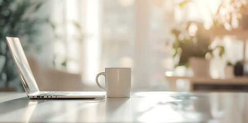 A laptop and a coffee cup on a table near a window.