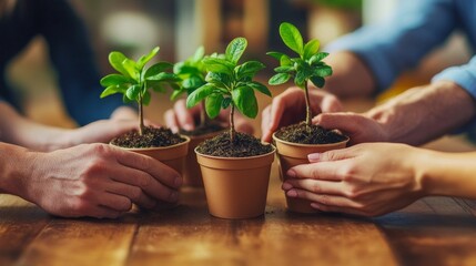 People are planting small trees in pots, showcasing teamwork and a connection to nature during a community gardening activity