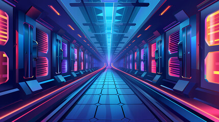 Vector cartoon corridor in a spaceship,Data Center With Illuminated Server Racks