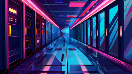 Vector cartoon corridor in a spaceship,Data Center With Illuminated Server Racks