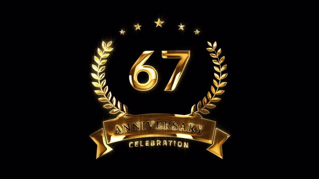 67th Anniversary Celebration. Happy 67 Years Anniversary Animation in Gold Color on the Transparent Background, Alpha Channel. Great for greetings, celebrations, events, and gifts.