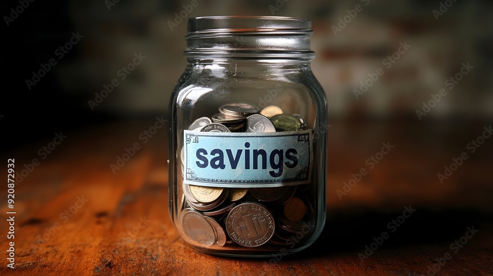 Wall mural savings jar filled with loose change and small bills on wooden table