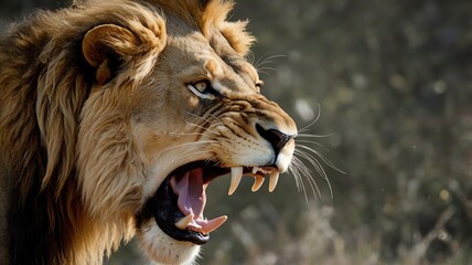 A close-up of a lion's face with a black and white design on its fur. The lion is roaring with its mouth open.