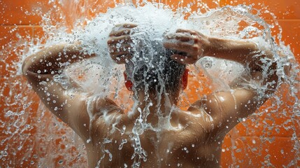 Fototapeta premium Sweating man cools off with water splash, heat relief concept on orange background banner
