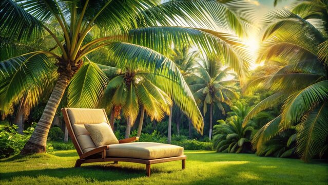 a plush lounge chair nestled beneath a majestic palm tree, surrounded by lush greenery, with a subtle hint of bossa nova ambiance.