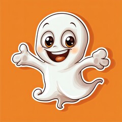 Obraz premium sticker style cartoon happy ghost thick white outline orange background