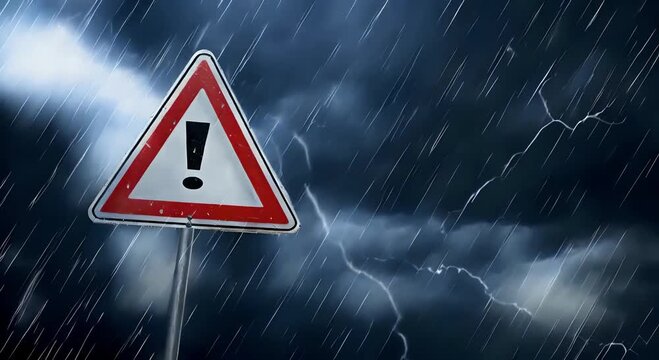 Warning sign and a cloud icon with rain and lightning, alert for weather, storm warning, weather alert