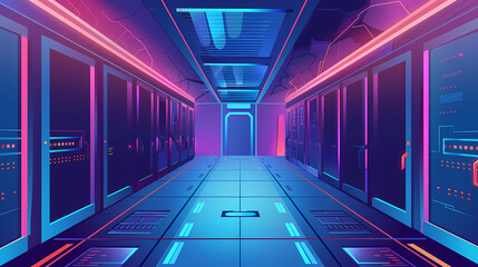 Vector cartoon corridor in a spaceship,Data Center With Illuminated Server Racks