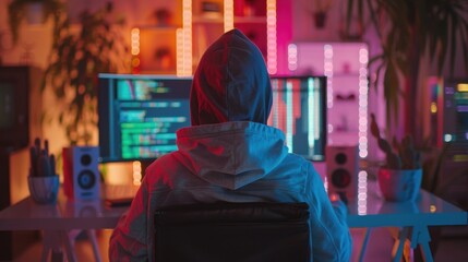 Obraz premium Secretive Hacker in Hoodie Writing Colorful Code on Computer Screen with Mysterious Background