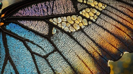 Close-up view of a delicate butterfly wing surface with intricate scales and vivid colors, showcasing natural beauty