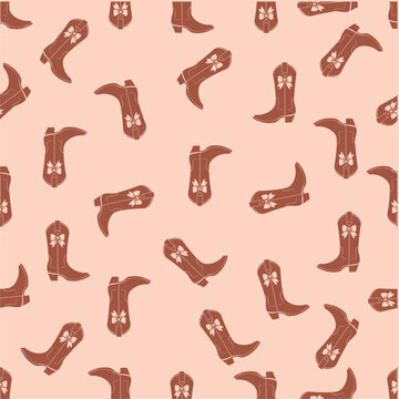 Cute Cowgirl Rodeo Boot Drawing - This seamless pattern design features detailed cowgirl boots adorned with a delicate bow.