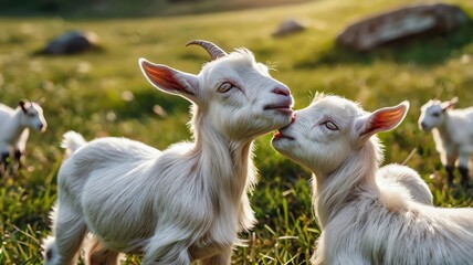 Obraz premium A picture of three baby goats, one white and two black, playing in a grassy field.