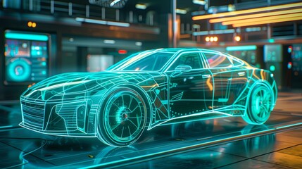 Obraz premium EV Car made of glowing lines and glass materials，hyperrealistic