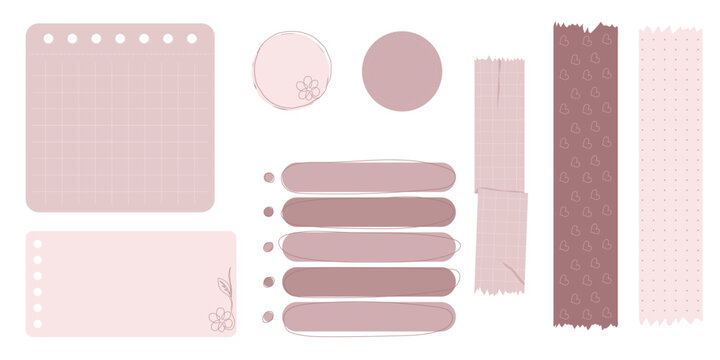 Collection of Cute Blank paper notes for to-do list, Daily and Weekly Planner. Scrapbook Stickers, different pieces of washi tape and bookmarks for scheduler or organizer