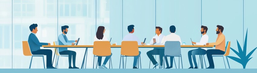 Obraz premium A diverse group of professionals engaged in a collaborative meeting at a modern conference table in a bright workspace.