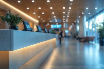 minimalist bank teller counter clean lines and neutral tones blurred figures of customers in background modern financial institution ambiance