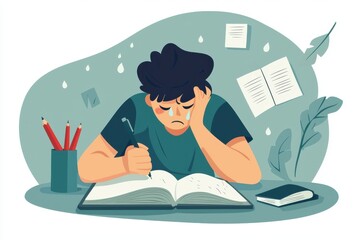 A student shows frustration while studying, surrounded by books, notes, and stationery, capturing the struggle of learning.