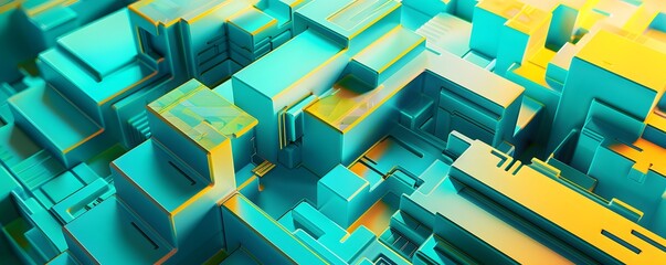 Abstract 3D Geometric Shapes in Teal and Gold