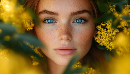 Captivating close-up of a young woman surrounded by vibrant yellow flowers, showcasing her natural beauty and striking blue eyes.