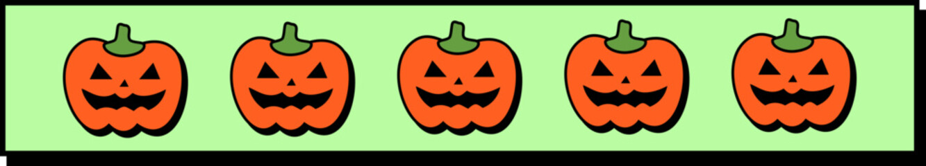 Neo-Brutalism Halloween Banner : Five Jack-O'-Lanterns in a row with a minimalist and bold design on a green background