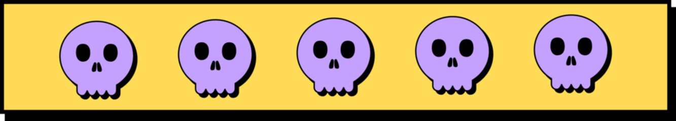 Neo-Brutalism Halloween Skull Banner : Five minimalist purple skulls in a row on a bold yellow background