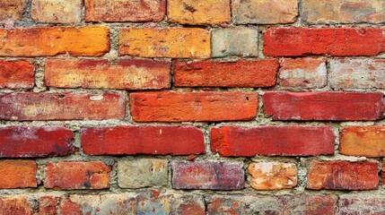Obraz premium Detailed close-up of aged brick wall with visible mortar lines and varying red tones creating a textured pattern