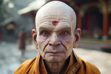 An elderly man with a shaved head and a red dot on his forehead stares directly at the camera.