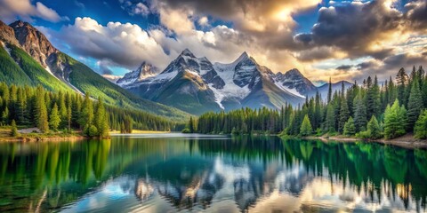 Majestic snow-capped mountain peaks rise above serene alpine lake, surrounded by lush green forest, under a warm sunny sky with a touch of dramatic clouds. © Arethaawykoff