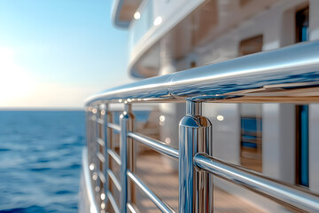 Close-up of polished yacht railing against a serene ocean backdrop, capturing luxury and elegance in nautical design.