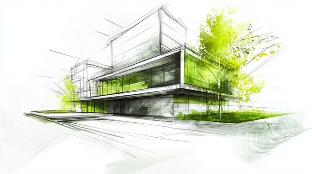Architectural sketch of a modern building with green elements, representing energy-efficient design.
