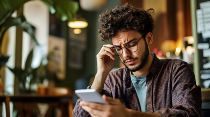 Stressed Man Reviewing Finances on Smartphone in Coffee Shop