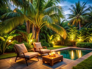 Fototapeta premium Luxurious outdoor setting featuring a comfortable lounge chair nestled beneath a majestic palm tree, surrounded by lush greenery and warm lighting, evoking a tranquil bossa nova vibe.