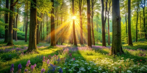 Obraz premium Serene forest landscape with dappled sunlight filtering through towering trees, lush green foliage, and vibrant wildflowers, evoking a sense of tranquility and connection with nature.