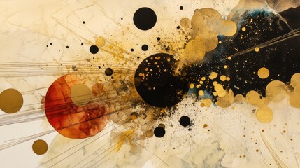 Golden elements, Art, Geometry, Abstract, Color, Color mixing, Watercolor, Gold dots, Gold lines, Dark red, Golden brown 