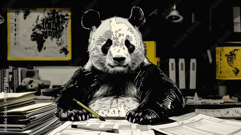 Poster a panda sitting at a desk with spreadsheets, symbolizing the pandas data science tool concept.