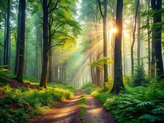 Fototapeta premium Serene misty forest with towering trees, soft sunlight filtering through dense foliage, and a winding dirt path inviting exploration and relaxation in nature.