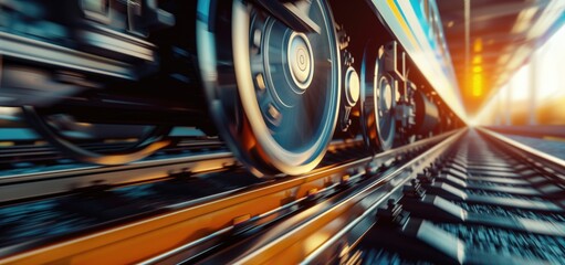 Close-up of speeding train wheels moving along the tracks at sunset with motion blur effects. Concepts of transportation, speed, and modern railway travel.
