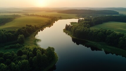 Landscape,Beautiful sunset on the river,forest and fields in spring,view from height.