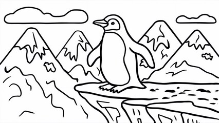 Coloring pages for children. Illustration of a penguin on a cliff against a background of mountains, black and white outline drawing on a white background