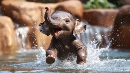 Fototapeta premium Close-up of Cute Baby Elephant Playing In Water happily