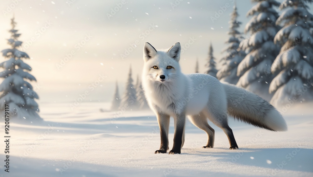 Wall mural a picture of a white arctic fox standing in a snowy field with trees in the background.