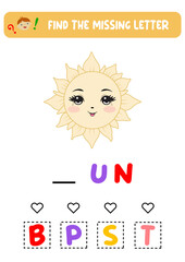 Find the missing letter. An educational spelling game for children. Educational worksheet for kids to find the missing letter.