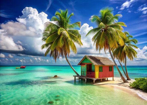 Swaying palm trees, turquoise waters, and a colorful beach hut evoke a carefree tropical vibe on a sun-kissed island paradise with a reggae rhythm.
