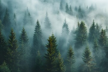 Fototapeta premium Misty Pine Forest Landscape - Serene Nature Scene, Tranquil Wilderness, Foggy Trees, Woodland Beauty