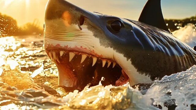 Great white shark emerges from the water with jaws wide open, revealing sharp teeth, sunlight reflects off the splashing waves. The scene is intense and captures the power and ferocity of the predator