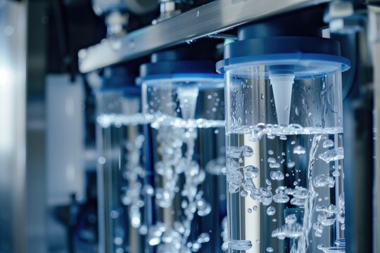Close-up of water purification system with flowing water and transparent containers. Concepts of clean water, filtration technology, and environmental sustainability.